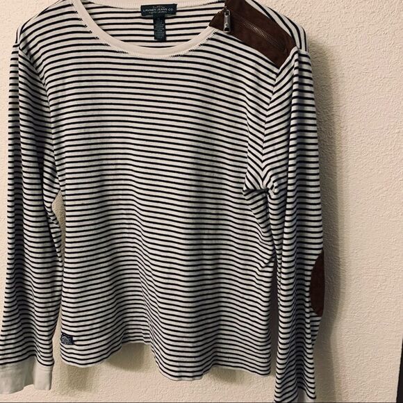 Lauren Ralph Lauren Black & White Stripe Long Sleeved Top Suede Patch’s size XL - Picture 4 of 6